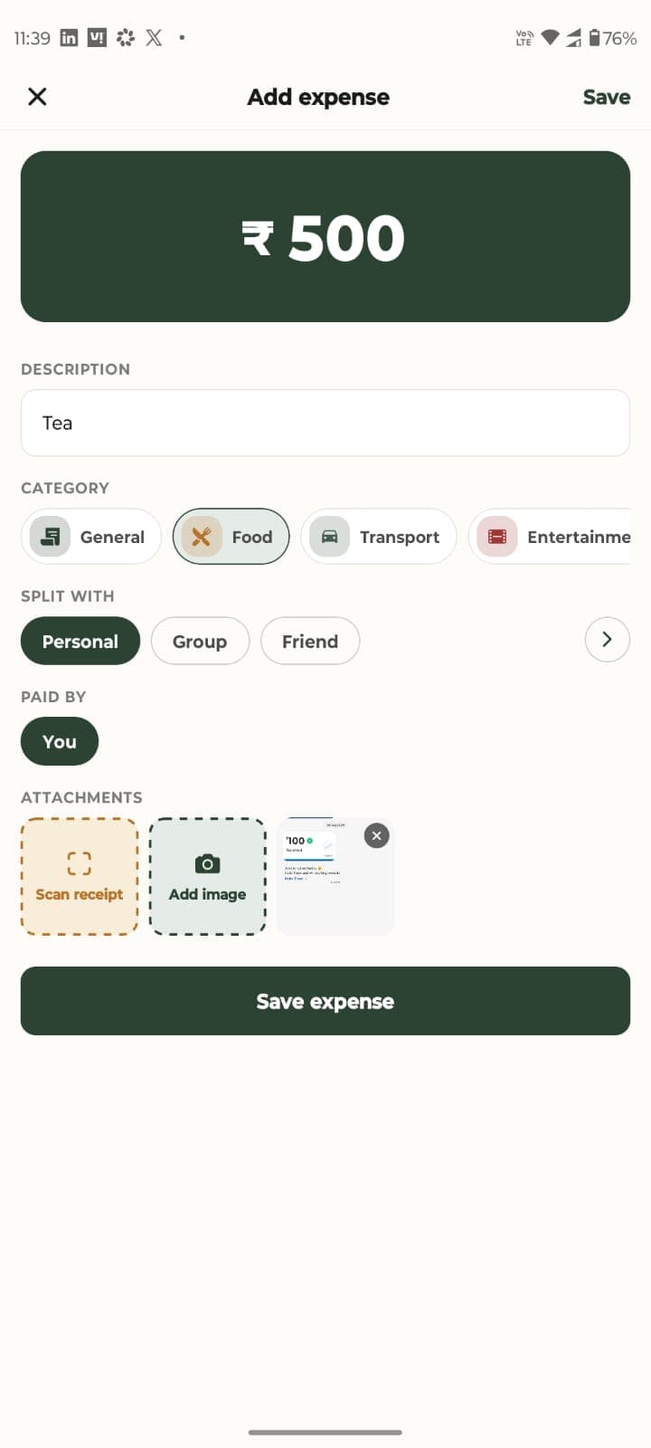 Splizpe Add expense screen